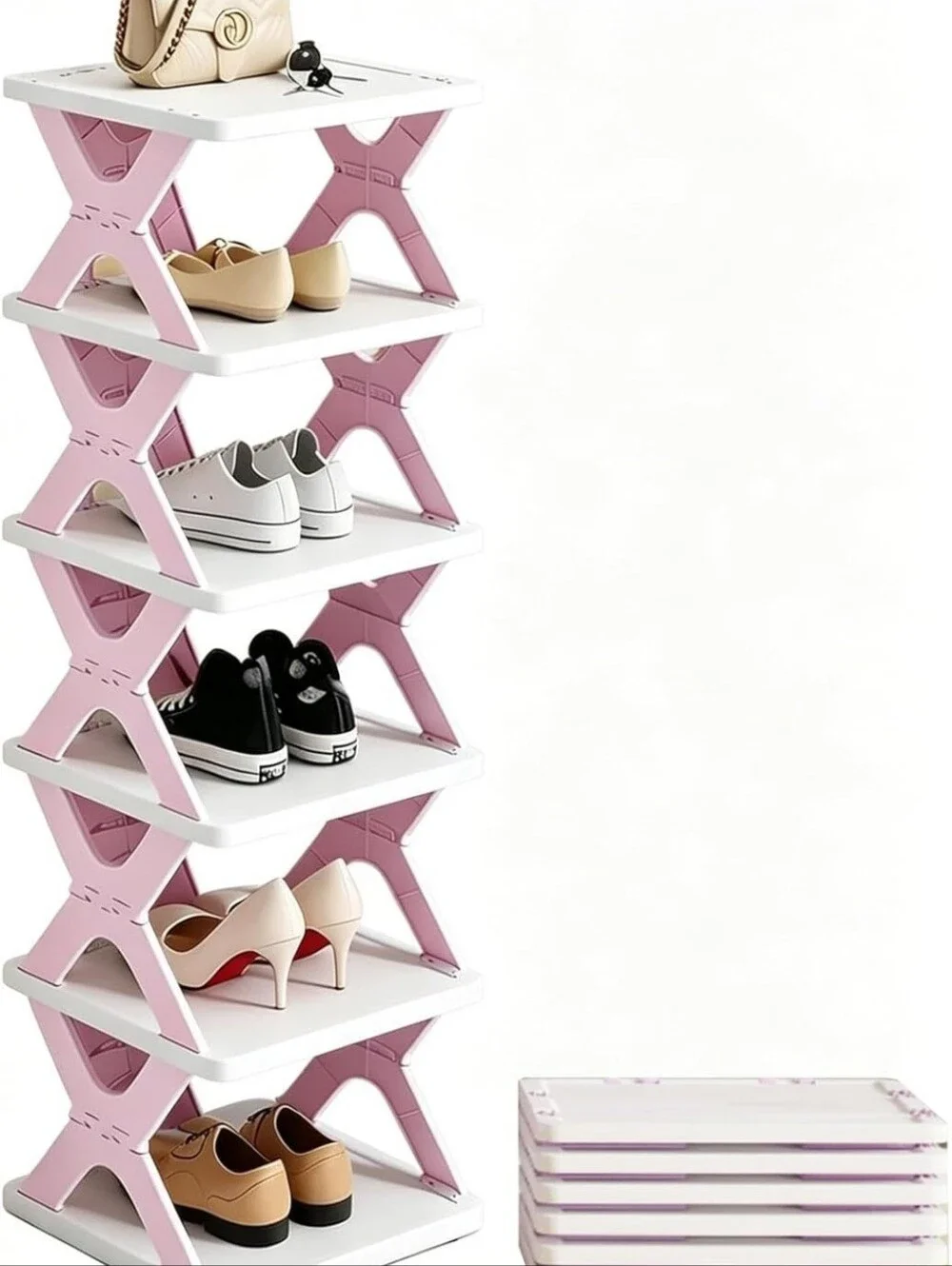Pink Stackable Shoe Rack Organizer - Compact 6-Tier Storage